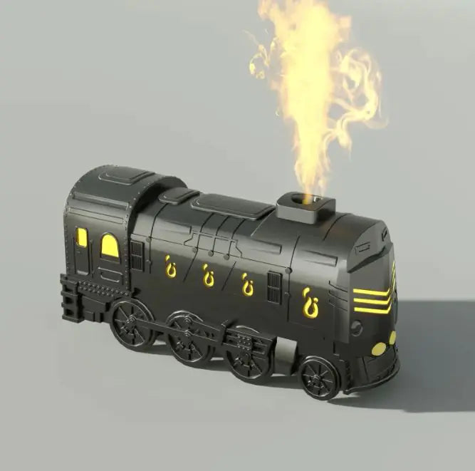 Toy train with steam and flames on a gray background