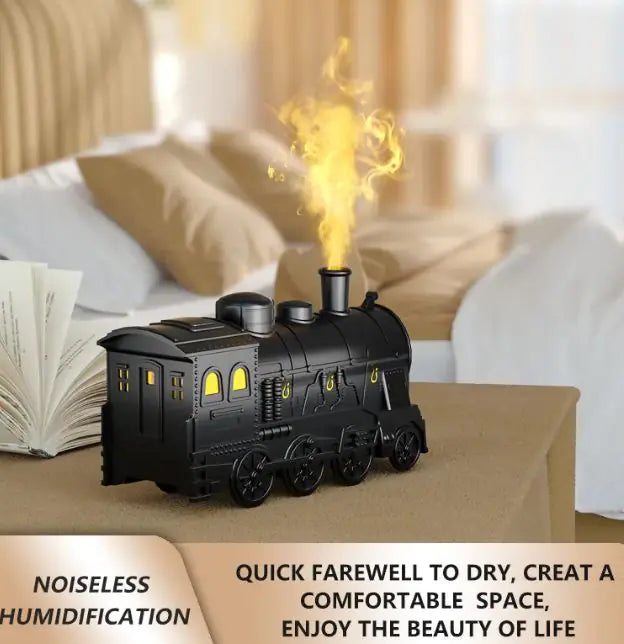 Black steam locomotive humidifier on a table with text about its features.