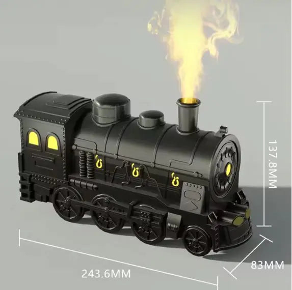 Toy steam train with smoke effect and measurements on a gray background