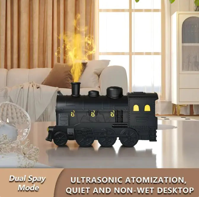 Black train-shaped humidifier on a table with text about its features in a living room setting.