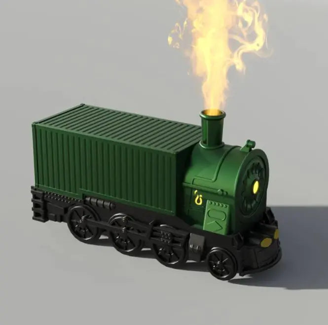 Toy train with steam effect on a gray background