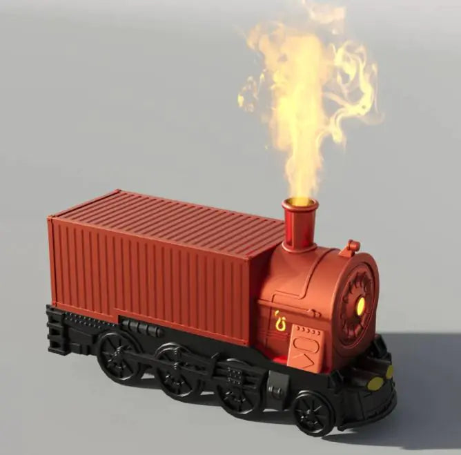 Toy train with red body and black wheels on a gray background